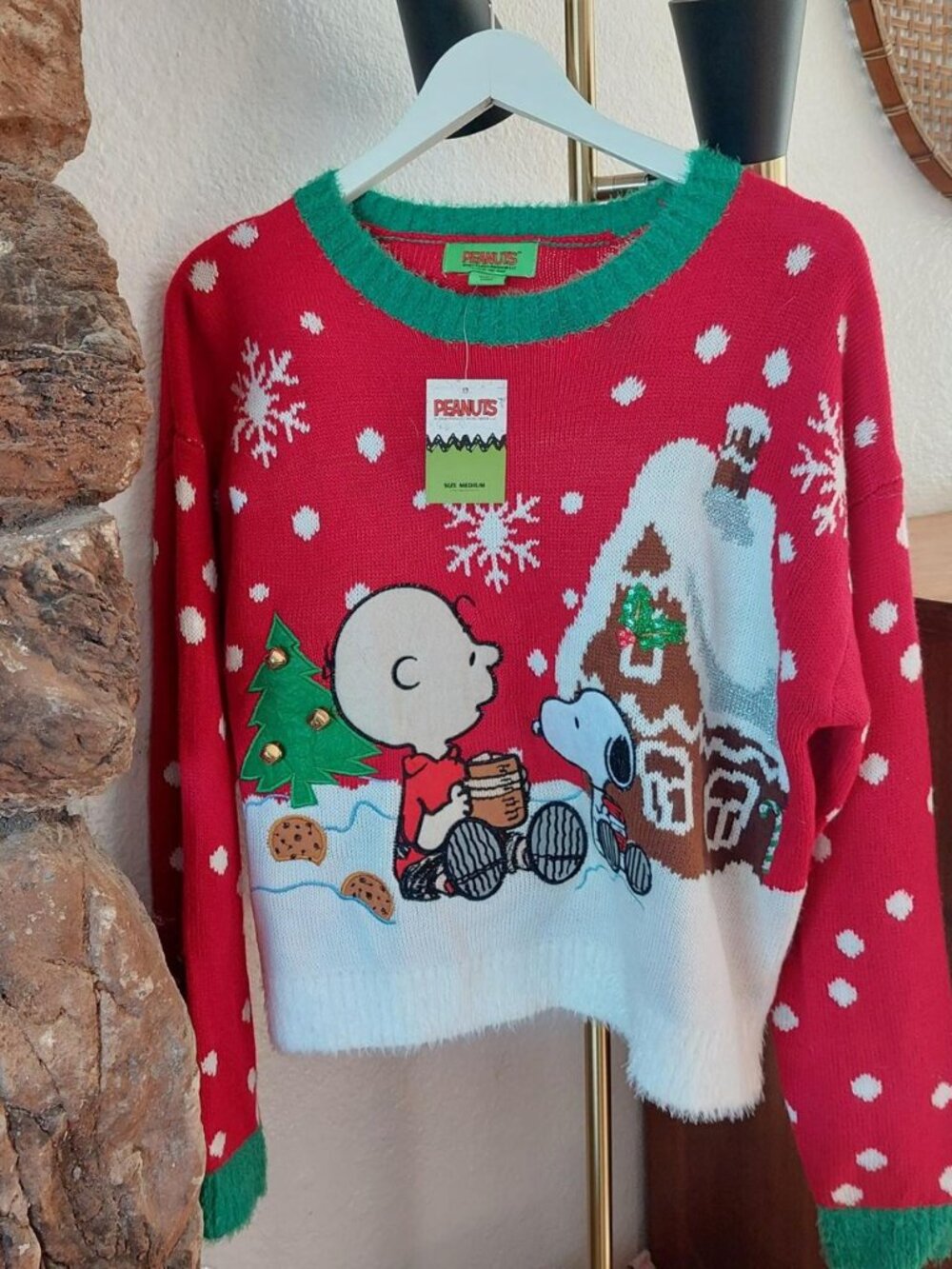 NWT Peanuts Charlie Brown Snoopy Ugly Christmas Sweater Gingerbread House Red Si